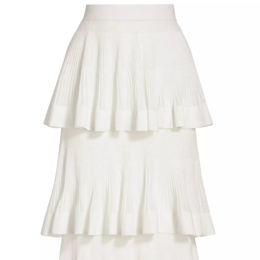 Zimmermann Cotton-Blend Rib-Knit Tiered Midi-Skirt Cream Size 2 (6-8) - Picture 8 of 14